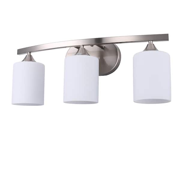22 in. 3 Light Nickel Cylinder Vanity Light for Bathroom Bedroom with Curved Arms and White Glass Shades