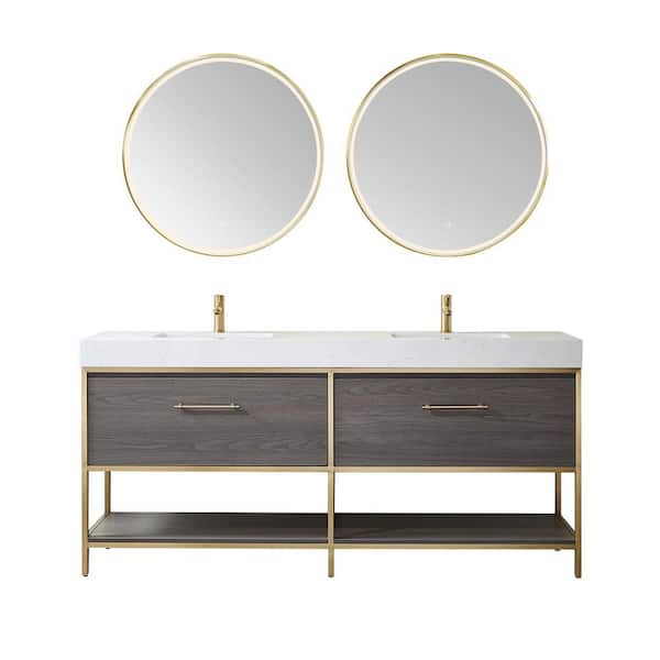 ROSWELL Palma 72 in. W x 22 in. D x 33.9 in. H Bath Vanity in Suleiman Oak with White Composite Grain Stone Top and Mirror
