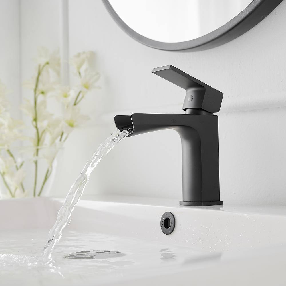 Matte Black Single-Handle Waterfall Bathroom Faucet with Drain Assembly