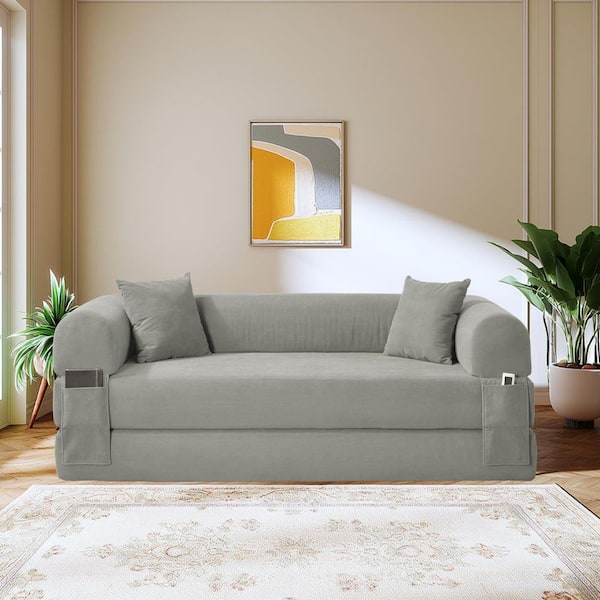 Modern 60 in. Light Gray Corduroy Upholstery Queen Size Folding Sleeper Sofa Bed