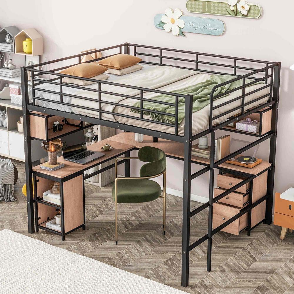 Black Metal Full Loft Bed with Bookcase and Desk