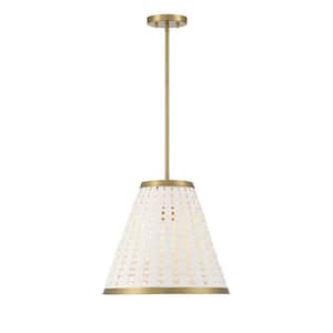 Aster 16 in. W x 14.75 in. H 1-Light Warm Brass Statement Pendant Light with White Vegan Leather Shade