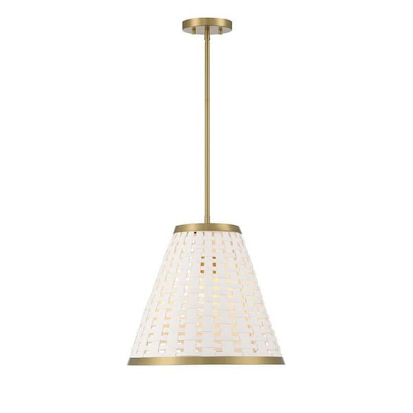 Savoy House Aster 16 in. W x 14.75 in. H 1-Light Warm Brass Statement Pendant Light with White Vegan Leather Shade