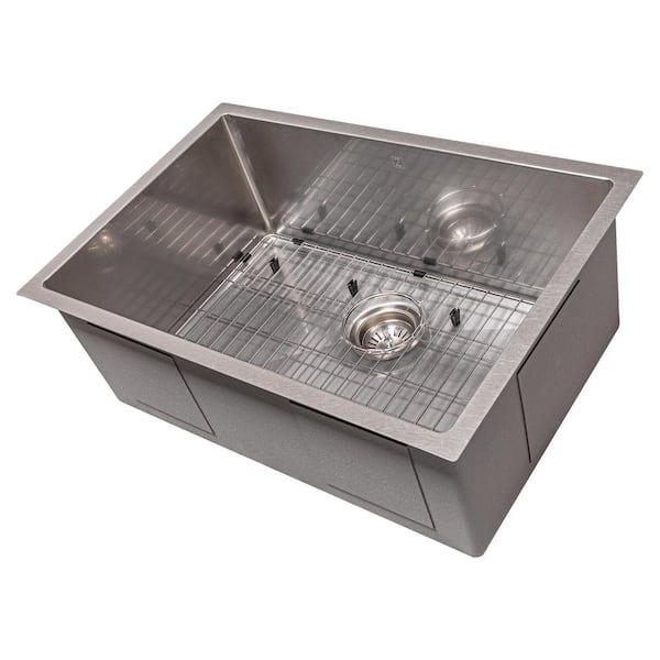 27 in. Meribel Undermount Single Bowl Satin Stainless Steel Kitchen Sink with Bottom Grid