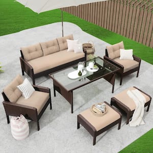6-Piece Patio PE Wicker Rattan Sofa Set Outdoor Dining Table Set with Light Coffee Cushions, Tempered Glass Tea Table.