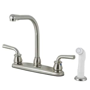Restoration 2-Handle Deck Mount Centerset Kitchen Faucets with White Sprayer in Brushed Nickel