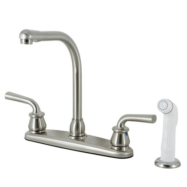 Kingston Brass Restoration 2-Handle Deck Mount Centerset Kitchen Faucets with White Sprayer in Brushed Nickel