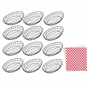 Black Iron Oval Wire Bread Baskets with 50 Red White Plaid Liners for Restaurant Kitchen Fast Food (12-Piece Set)