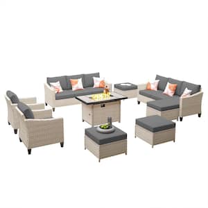 Oconee Beige 9-Piece Modern Outdoor Patio Conversation Sofa Set with a Rectangle Fire Pit and Dark Grey Cushions