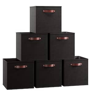 6-Pack Foldable Storage Box Bins Linen Fabric Shelf Basket Cube with Leather Handles