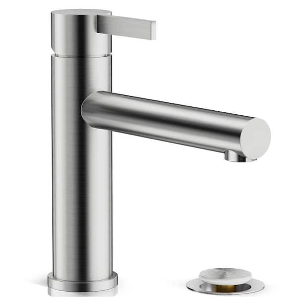 Single Hole Single Handle Low Arc Brushed Nickel Bathroom Sink Faucet, Basin Faucet with Metal Pop-up Drain