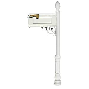 Lewiston Mailbox Collection with Post, Decorative Ornate Base and Pineapple Finial in White