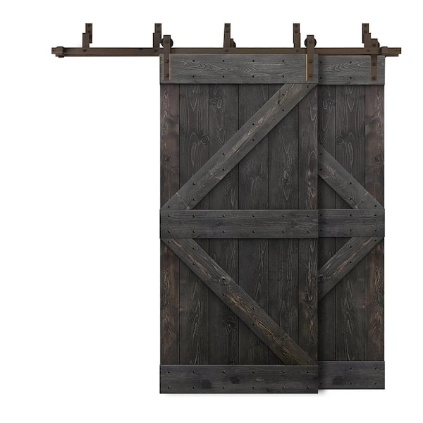 CALHOME 92 in. x 84 in. K Bypass Charcoal Black Stained DIY Solid Wood Interior Double Sliding Barn Door with Hardware Kit