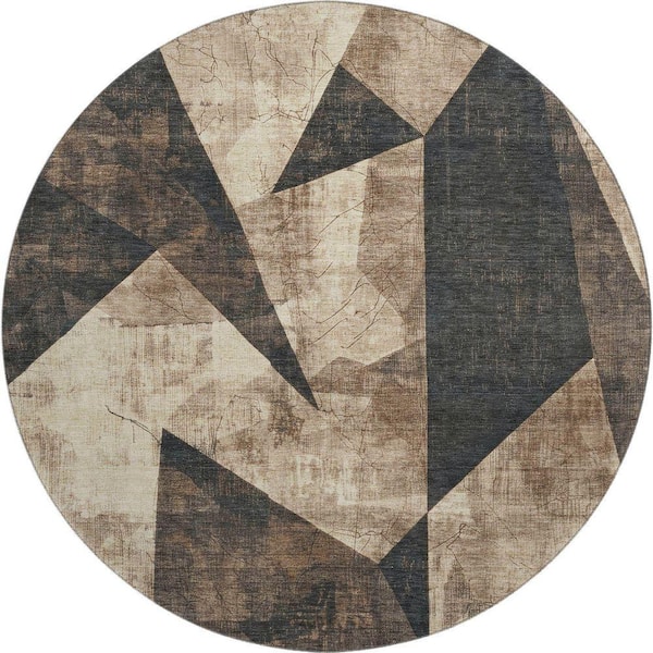 Mayfield Premium Machine Washable Abstract AMF1838 Mocha 8 ft. x 8 ft. Round Rug