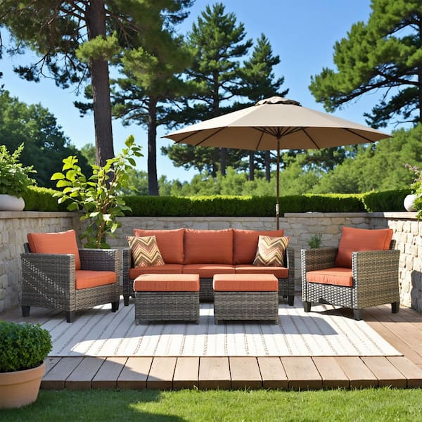 OVIOS New Vultros Gray 5-Piece Wicker Outdoor Patio Conversation Seating Set with Orange Red Cushions