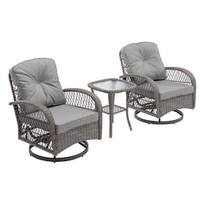 3-Pieces 360-Degree Rocking Patio Wicker Outdoor Rocking Chairs with Gray Cushions and Glass Coffee Table