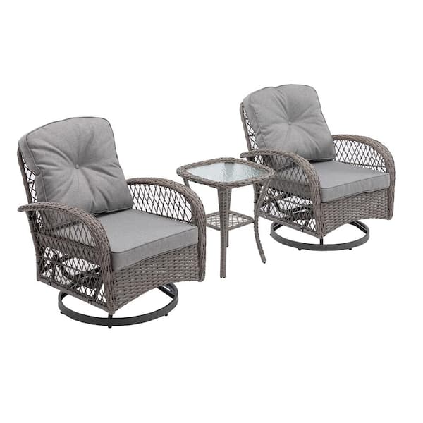 Cesicia 3-Pieces 360-Degree Rocking Patio Wicker Outdoor Rocking Chairs with Gray Cushions and Glass Coffee Table