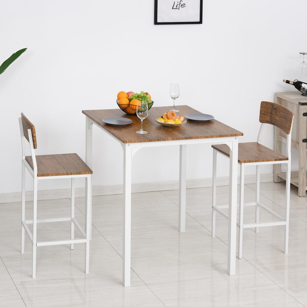 Rustic White and Medium Wood 3-Piece Bar Table Set with Steel Legs