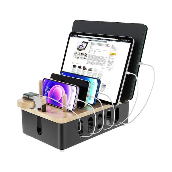 6 USB Charging Ports Metal Fast Charging Docking Station Organizer in Black for Cellphone, Smart Watch and Tablet