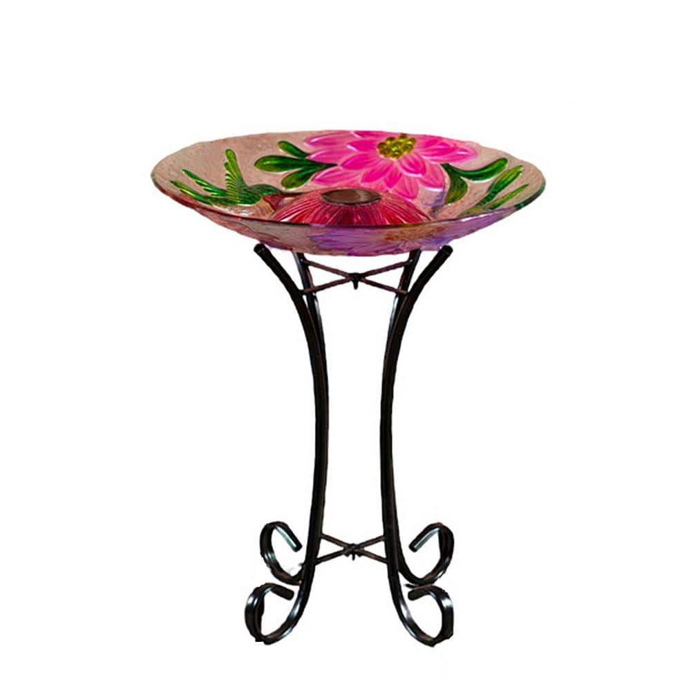 Solar Floral Glass Hummingbird Birdbath with Metal Stand