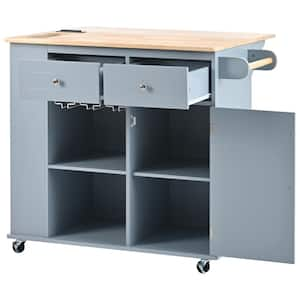 Gray Blue Kitchen Cart with Power Outlet, Drop-Leaf Tabletop, Open Side Storage, Wine Glass Holder and 5-Wheels