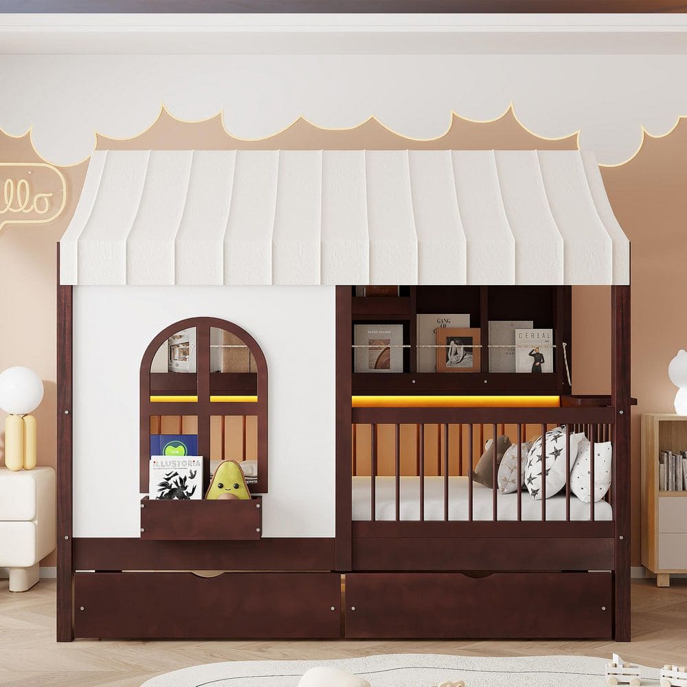 Espresso Twin Size Wood House Bed with Ultra-High Guardrails, 2 Large Drawers, Side Bookshelf with LED Strip