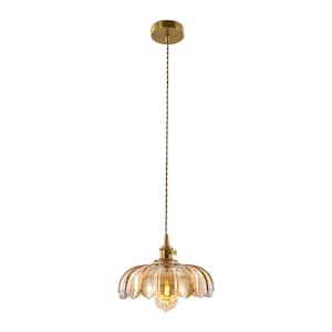 40-Watt 1-Light Gold Modern Pendant-Light with Amber Flower-Shape Glass Shade for Dining Room, No Bulbs Included
