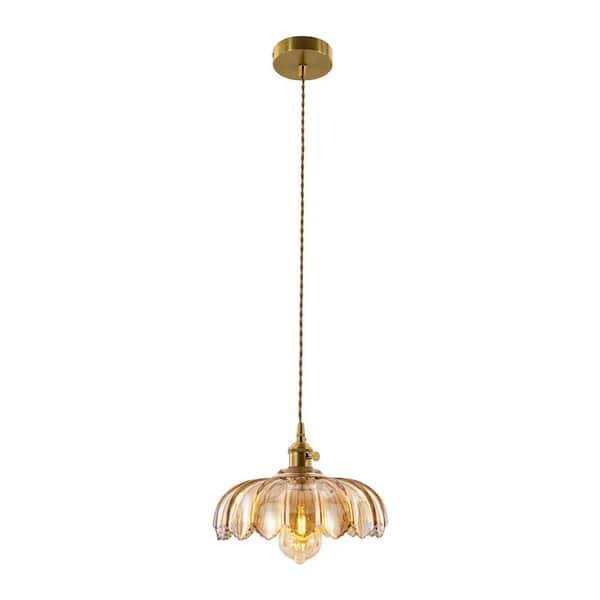OUKANING 40-Watt 1-Light Gold Modern Pendant-Light with Amber Flower-Shape Glass Shade for Dining Room, No Bulbs Included