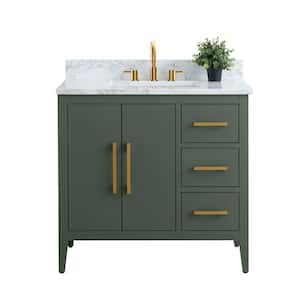 36 in. W x 22 in. D x 34 in. H Single Sink Bathroom Vanity Cabinet in Vintage Green with Engineered Marble Top in White