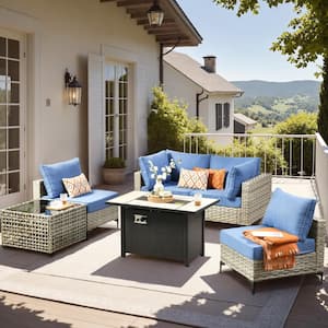 Supery Gray 6-Piece Wicker Rectangle Fire Pit Patio Conversation Set with Diamond Blue Cushions