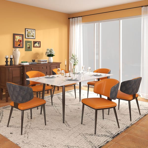 Magic Home Set of 6 Mid-Century Modern PU Leather Upholstered Dining Chairs in Orange