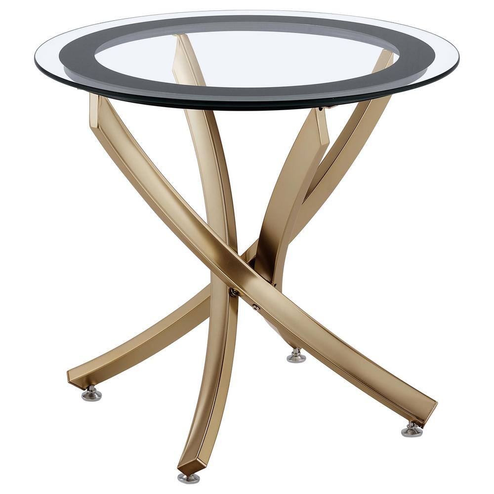 Gold Round Metal and Glass End Table with Black Frame