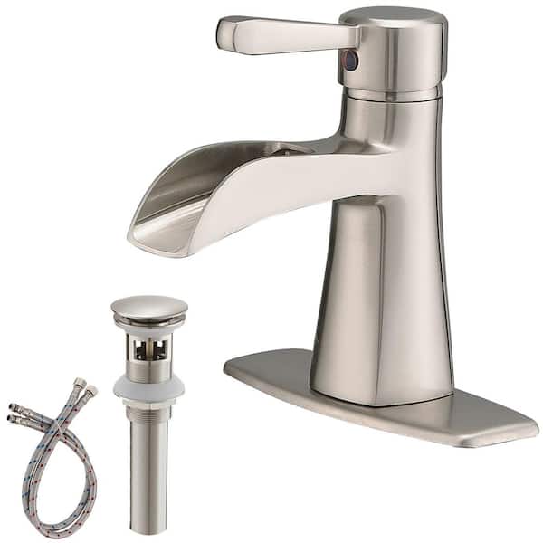 Unbranded Single Handle Single Hole Bathroom Faucet with Drain Assembly Brass Waterfall Bathroom Vanity Taps in Brushed Nickel