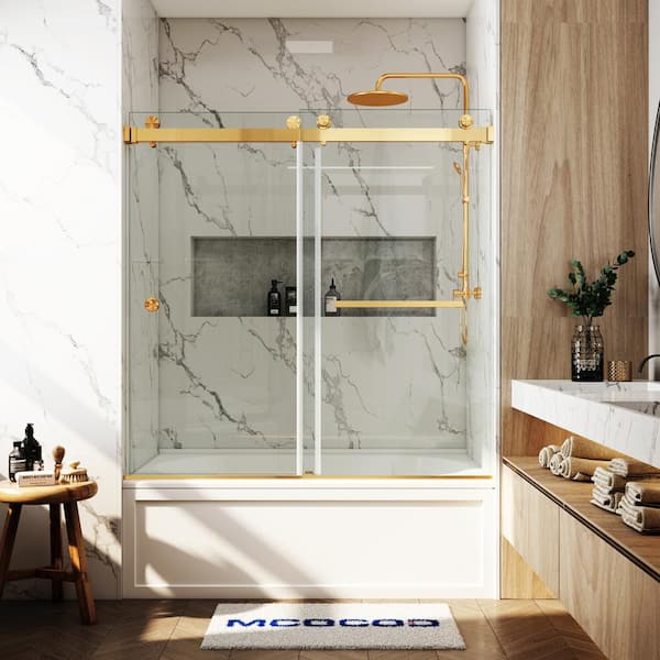 MCOCOD 56-61 in. W x 66 in. H Double Sliding Frameless Smooth Sliding Tub Door in Brushed Gold with 3/8 in. Clear Glass