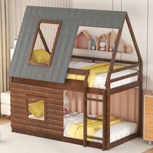House-Shaped Design Wood Twin Size Bunk Bed with Roof, Ladder and 2 Windows, Oak/Smoky Gray