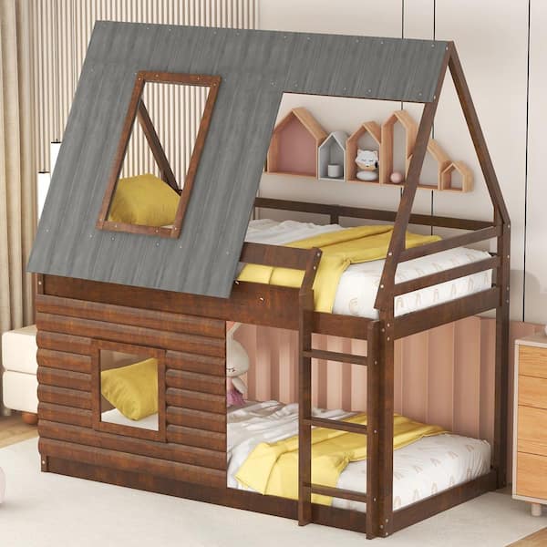 House-Shaped Design Wood Twin Size Bunk Bed with Roof, Ladder and 2 Windows, Oak/Smoky Gray