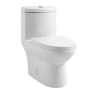 1-Piece 0.8/1.28 GPF Dual Flush Modern Elongated Toilet Soft Closing Seat, Quick Release Glossy White