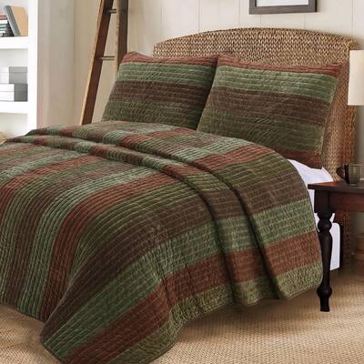 Warm Country Woods 3-Piece Dark Brown Green Cotton King Quilt Bedding Set