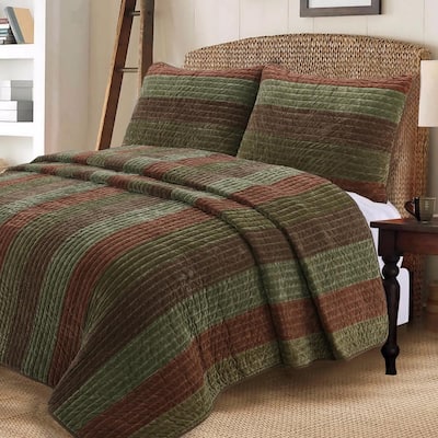 Warm Country Woods 3-Piece Dark Brown Green Cotton Queen Quilt Bedding Set