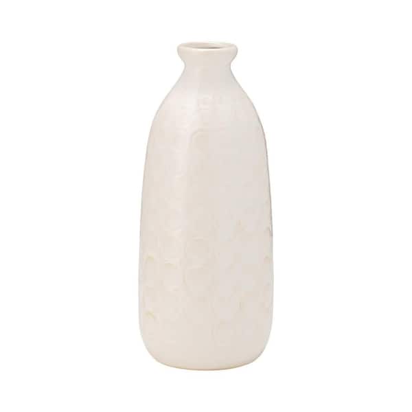 12 in. Ivory Ceramic Cylinder Circles Decorative Vase