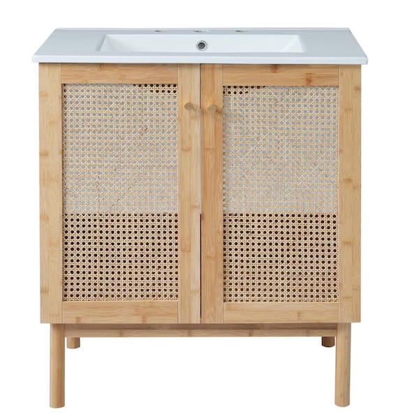 29.90 in. W x 18.30 in. D x 34.06 in. H Single Sink Freestanding Bath Vanity in Natural with White Ceramic Top