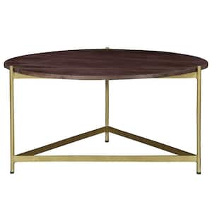Ellis 32 in. Brown and Matte Gold Round Wood Coffee Table with Brass Metal Base