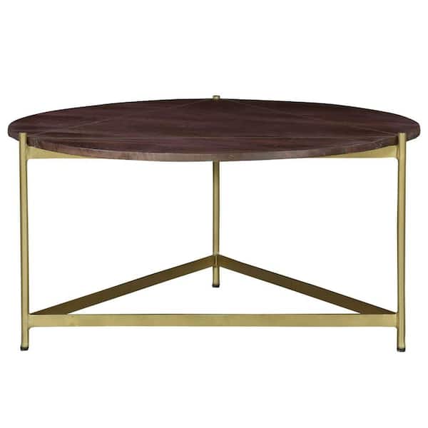 THE URBAN PORT Ellis 32 in. Brown and Matte Gold Round Wood Coffee Table with Brass Metal Base