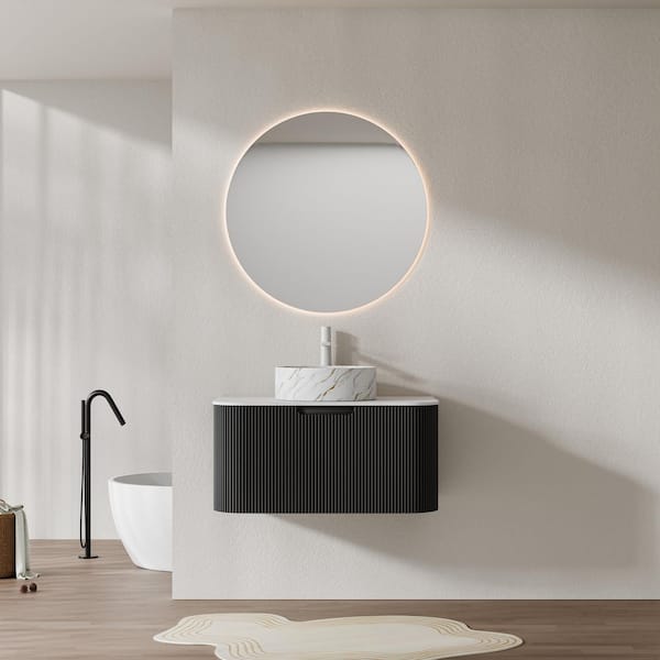 Baye 30 in. W Floating Black Bath Vanity with White Textures Ceramic Sink and Engineered Marble Top Unassembled