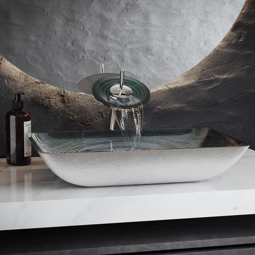 Smoky Gray Rectangular Glass Vessel Sink with Waterfall Faucet