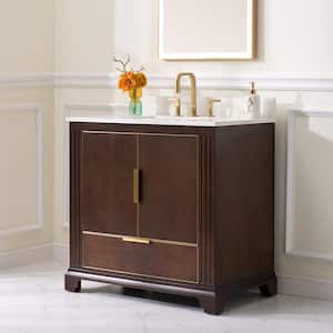 36 in. W x 22 in. D x 35 in. H Solid Wood Bath Vanity in Esprasso, White Quartz Top, Single Sink, Soft Close Drawers