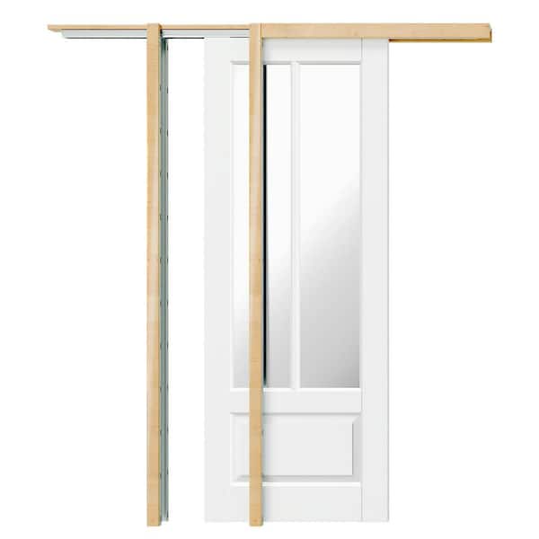 TENONER 60 in. x 80 in. 2-Lite, 2-Panel, Composite, Tempered Mirrored Glass, MDF, White Primed Pocket Door Frame with Hardware