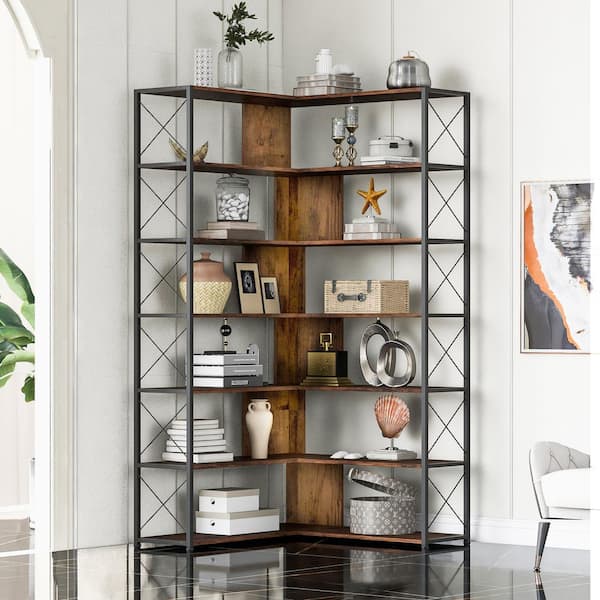  in. H Brown 7-Shelf Bookcase Home Office L-Shaped Corner Bookcase with  Metal Frame Industrial Style Open Storage EC-BSB-5177 - The Home Depot