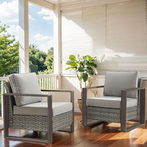 Gray Powder-Coated steel Wicker Outdoor Lounge Chair with Gray Cushions (2-Pack)