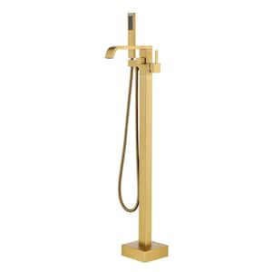 Brushed Brass Single-Handle Floor-Mounted Bathtub Faucet High Flow Bathroom Tub Filler with Hand Shower